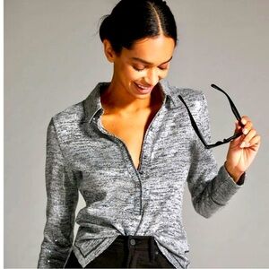 Pilcro The Hadley Relaxed Button Down Shirt Shine Edition Gray/Silver Women’s S